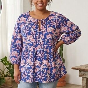 IBSA Floral Blue Pink 100% Cotton Peasant Top Size 2XL